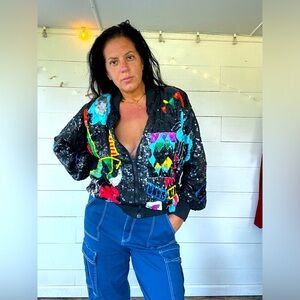 Rare Vintage 90s Sequined Bomber Jacket Silk S